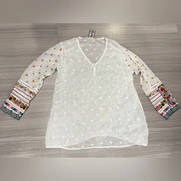 Johnny Was XL White Eyelet Embroidered Peasant Top Blouse Tunic Long Sleeve - Picture 7 of 9